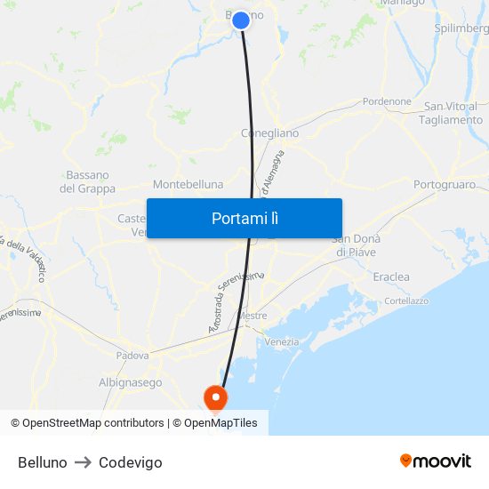 Belluno to Codevigo map