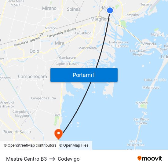 Mestre Centro B3 to Codevigo map