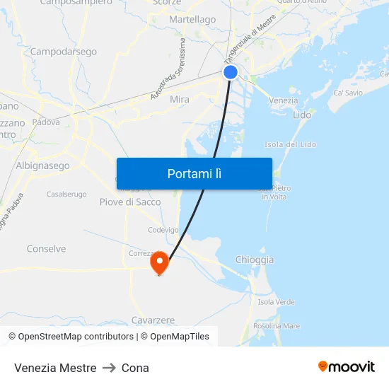 Venezia Mestre to Cona map