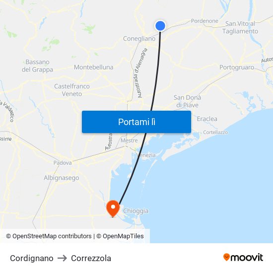 Cordignano to Correzzola map