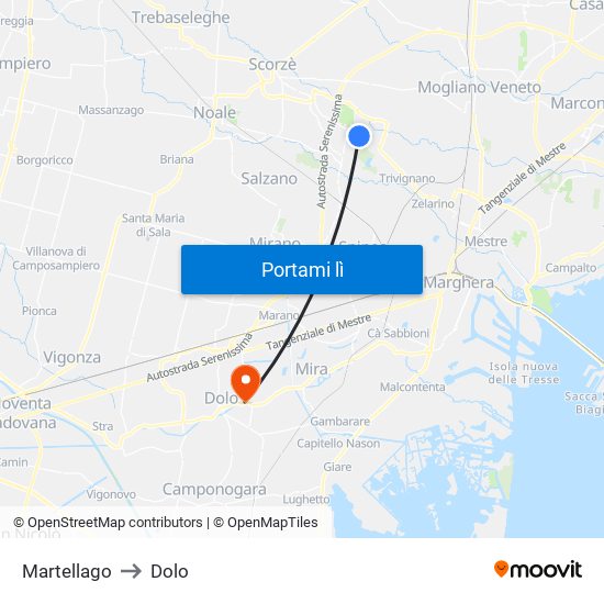 Martellago to Dolo map