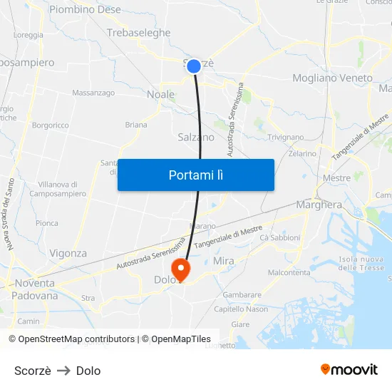 Scorzè to Dolo map