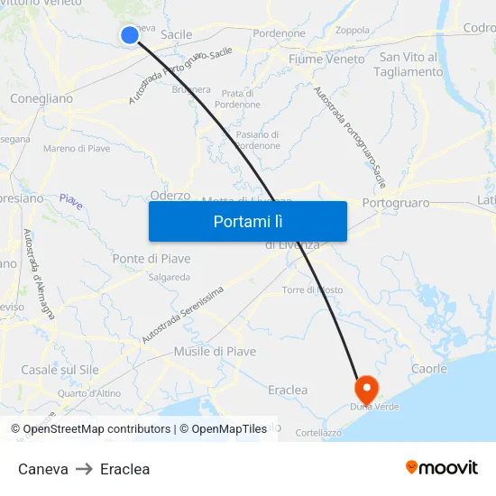Caneva to Eraclea map