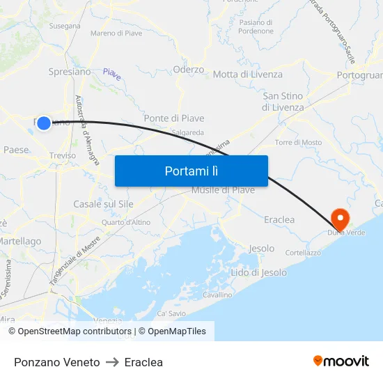Ponzano Veneto to Eraclea map