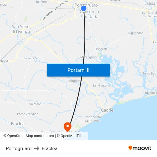 Portogruaro to Eraclea map