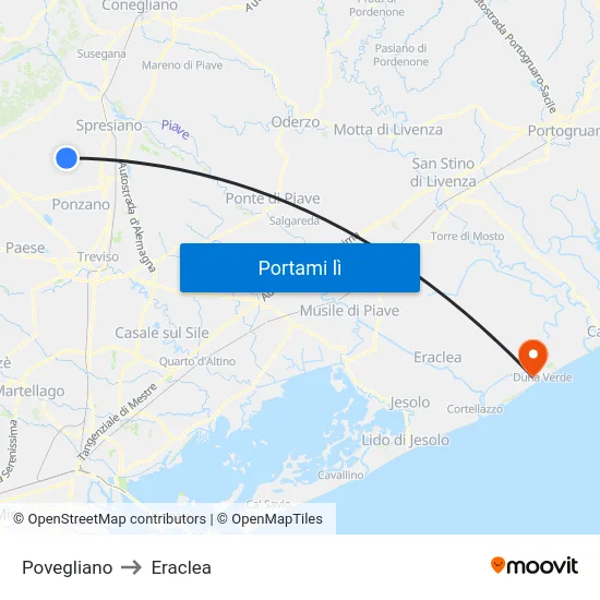 Povegliano to Eraclea map