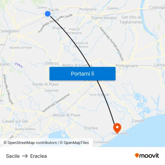 Sacile to Eraclea map