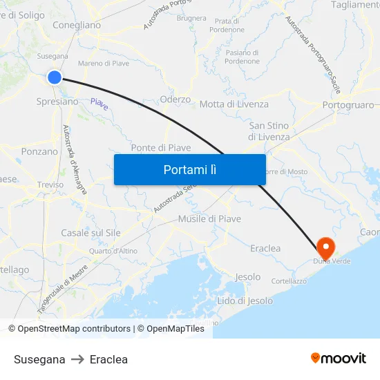 Susegana to Eraclea map