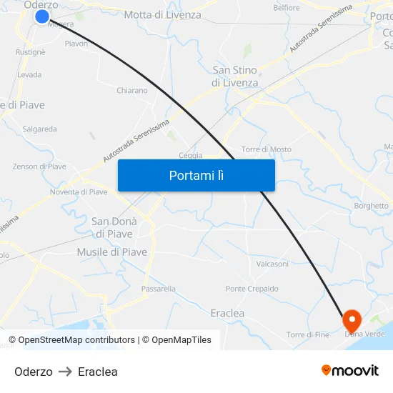 Oderzo to Eraclea map