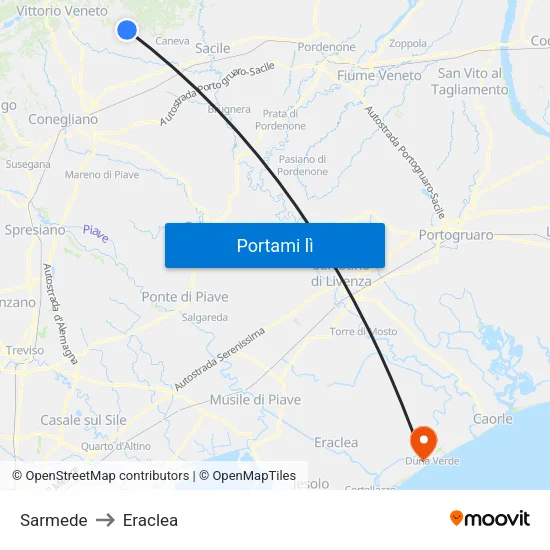 Sarmede to Eraclea map