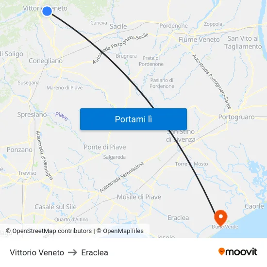 Vittorio Veneto to Eraclea map