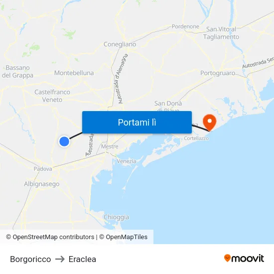 Borgoricco to Eraclea map