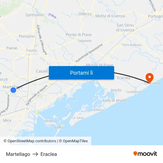 Martellago to Eraclea map