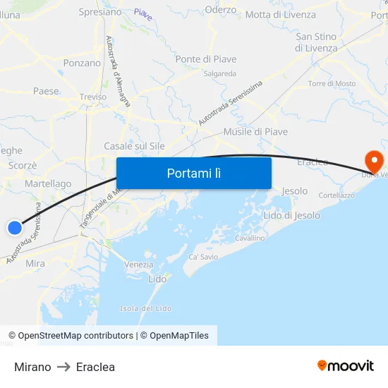 Mirano to Eraclea map