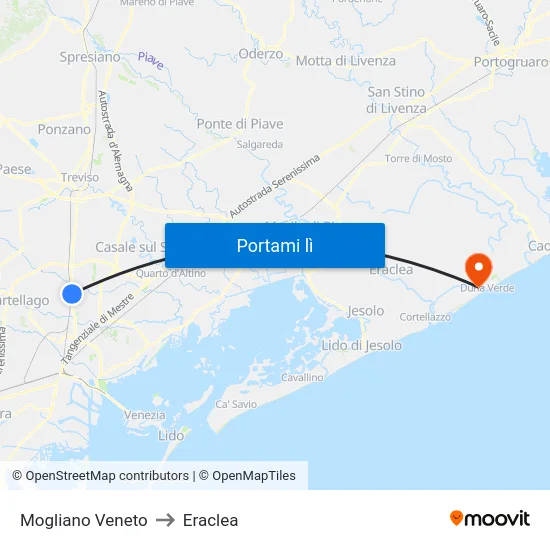 Mogliano Veneto to Eraclea map