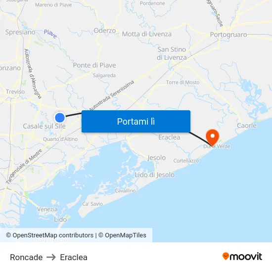 Roncade to Eraclea map