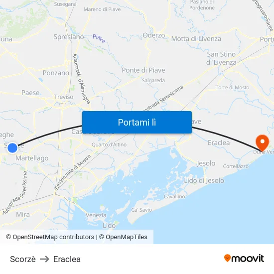 Scorzè to Eraclea map