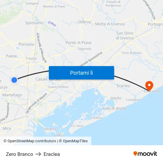 Zero Branco to Eraclea map