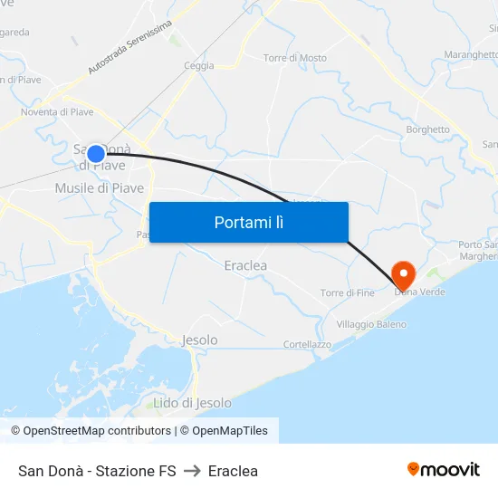 San Donà - Stazione FS to Eraclea map
