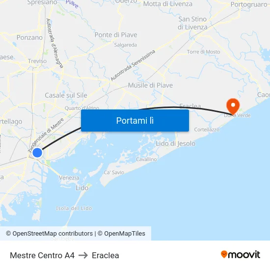 Mestre Centro A4 to Eraclea map