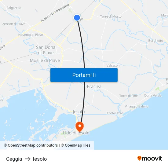 Ceggia to Iesolo map