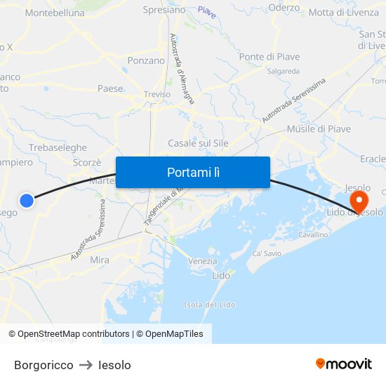 Borgoricco to Iesolo map