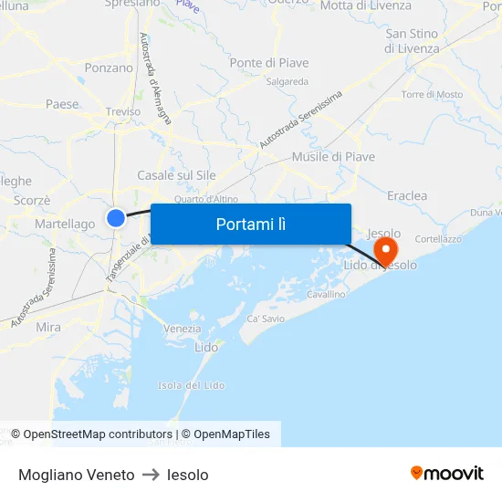 Mogliano Veneto to Iesolo map