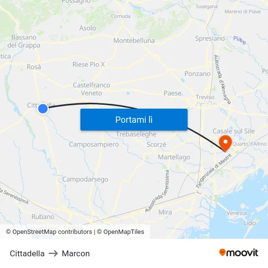 Cittadella to Marcon map