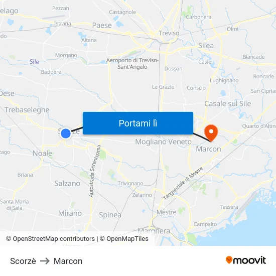 Scorzè to Marcon map