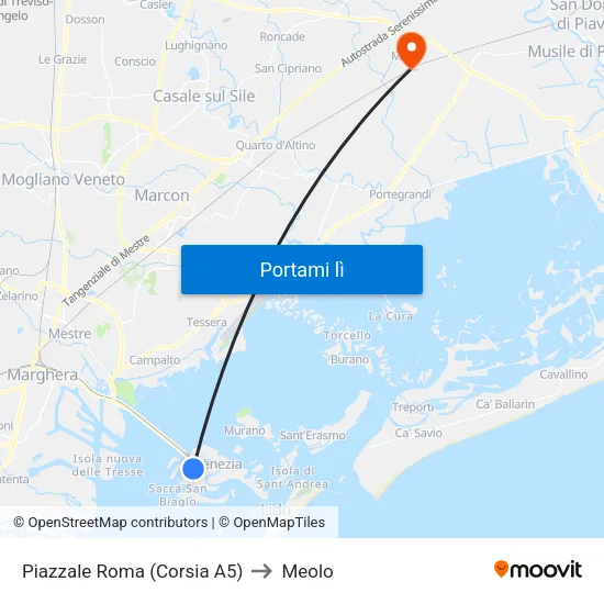 Piazzale Roma (Corsia A5) to Meolo map