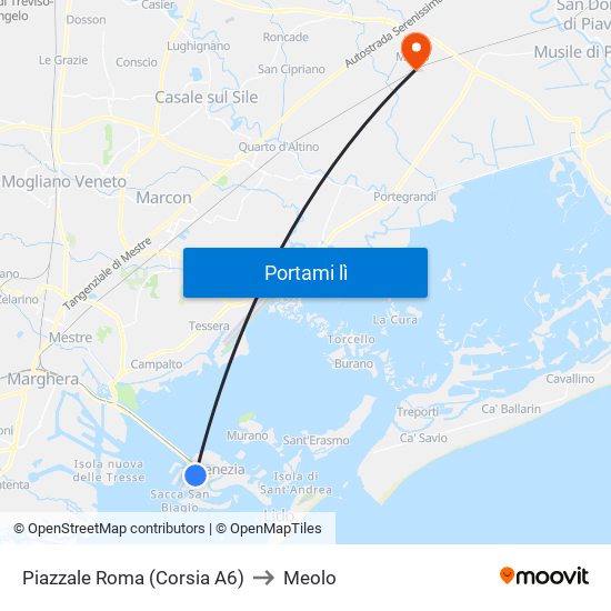 Piazzale Roma (Corsia A6) to Meolo map
