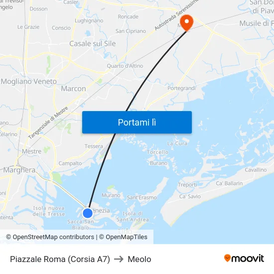Piazzale Roma (Corsia A7) to Meolo map