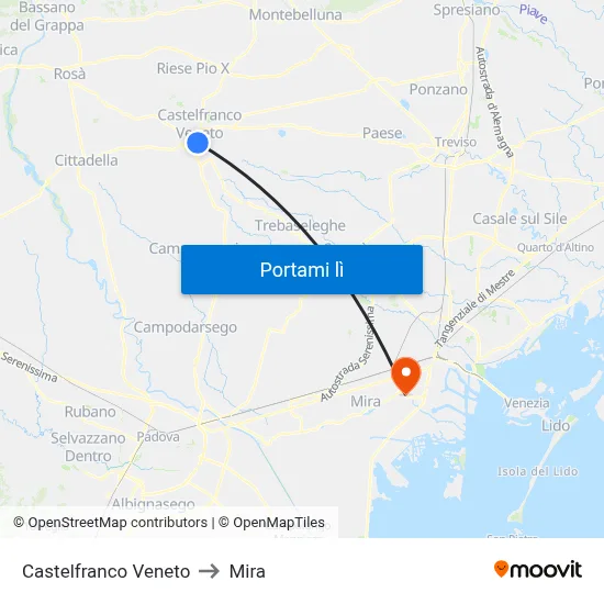 Castelfranco Veneto to Mira map