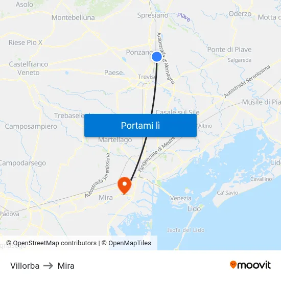 Villorba to Mira map