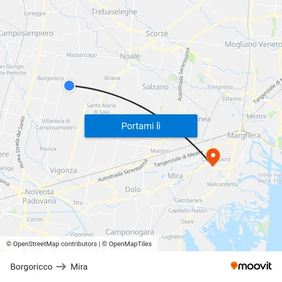 Borgoricco to Mira map