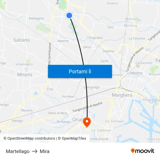 Martellago to Mira map