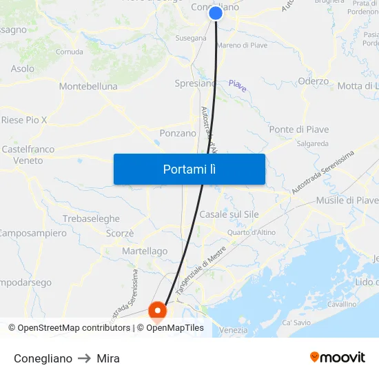 Conegliano to Mira map