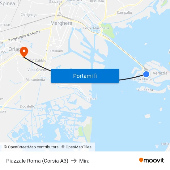 Piazzale Roma (Corsia A3) to Mira map