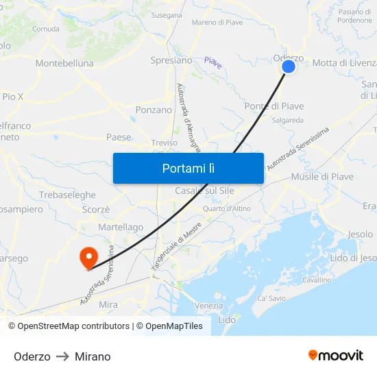 Oderzo to Mirano map