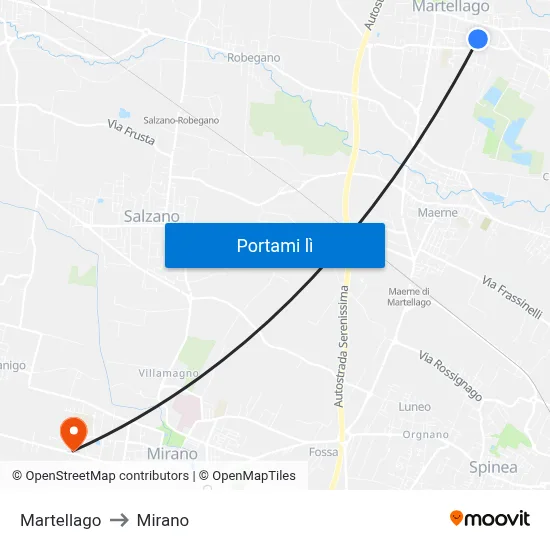 Martellago to Mirano map