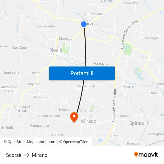 Scorzè to Mirano map