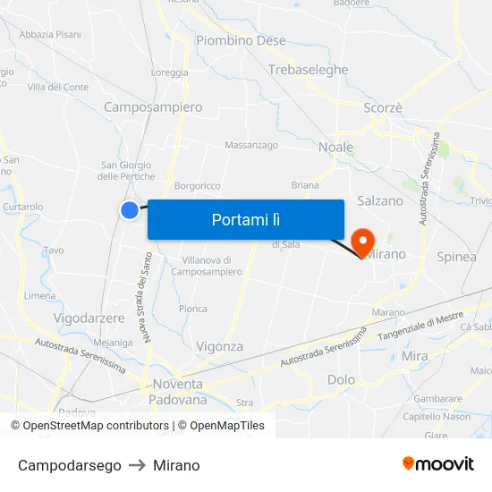 Campodarsego to Mirano map