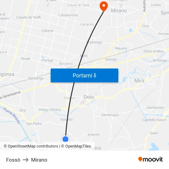 Fossò to Mirano map