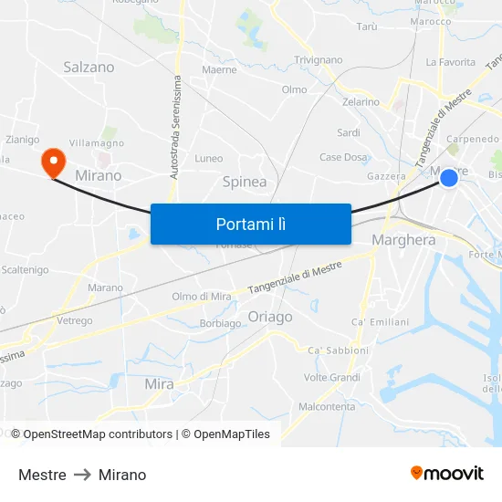 Mestre to Mirano map