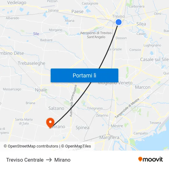 Treviso Centrale to Mirano map