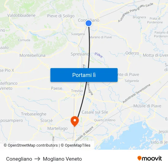 Conegliano to Mogliano Veneto map