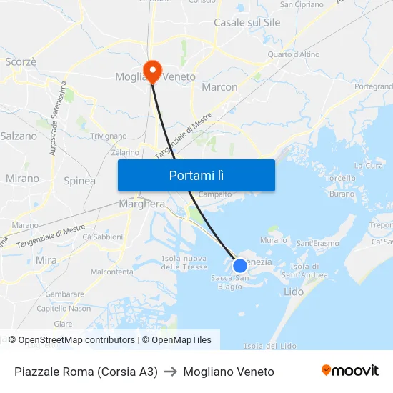 Piazzale Roma (Corsia A3) to Mogliano Veneto map