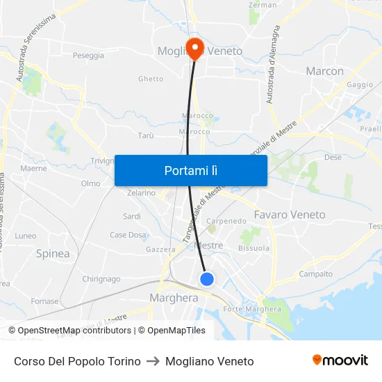 Corso Del Popolo Torino to Mogliano Veneto map