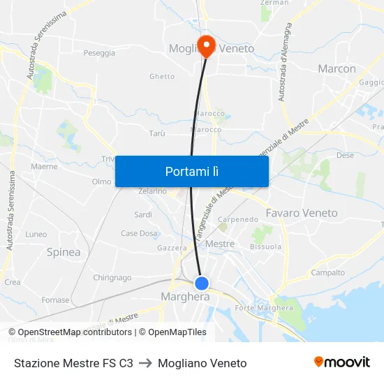 Stazione Mestre FS C3 to Mogliano Veneto map