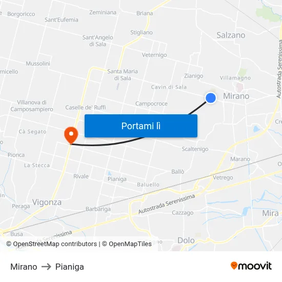 Mirano to Pianiga map